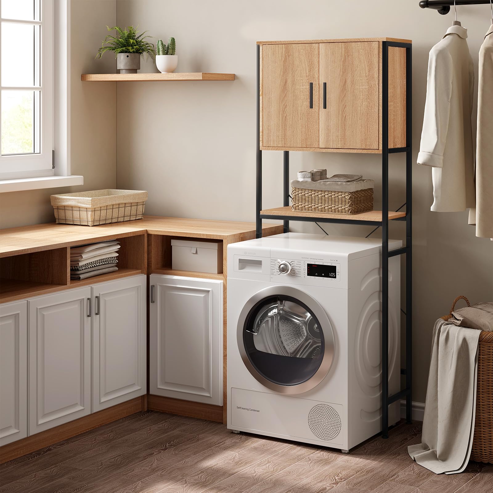 EUGAD Waschmaschinenschrank, Waschmaschinenregal Regal über Waschmaschine Toilette, Toilettenregal mit Schrank Verstellbarer Ablage, Badregal aus Holzwerkstoff Metall, 64,5x170x27 cm