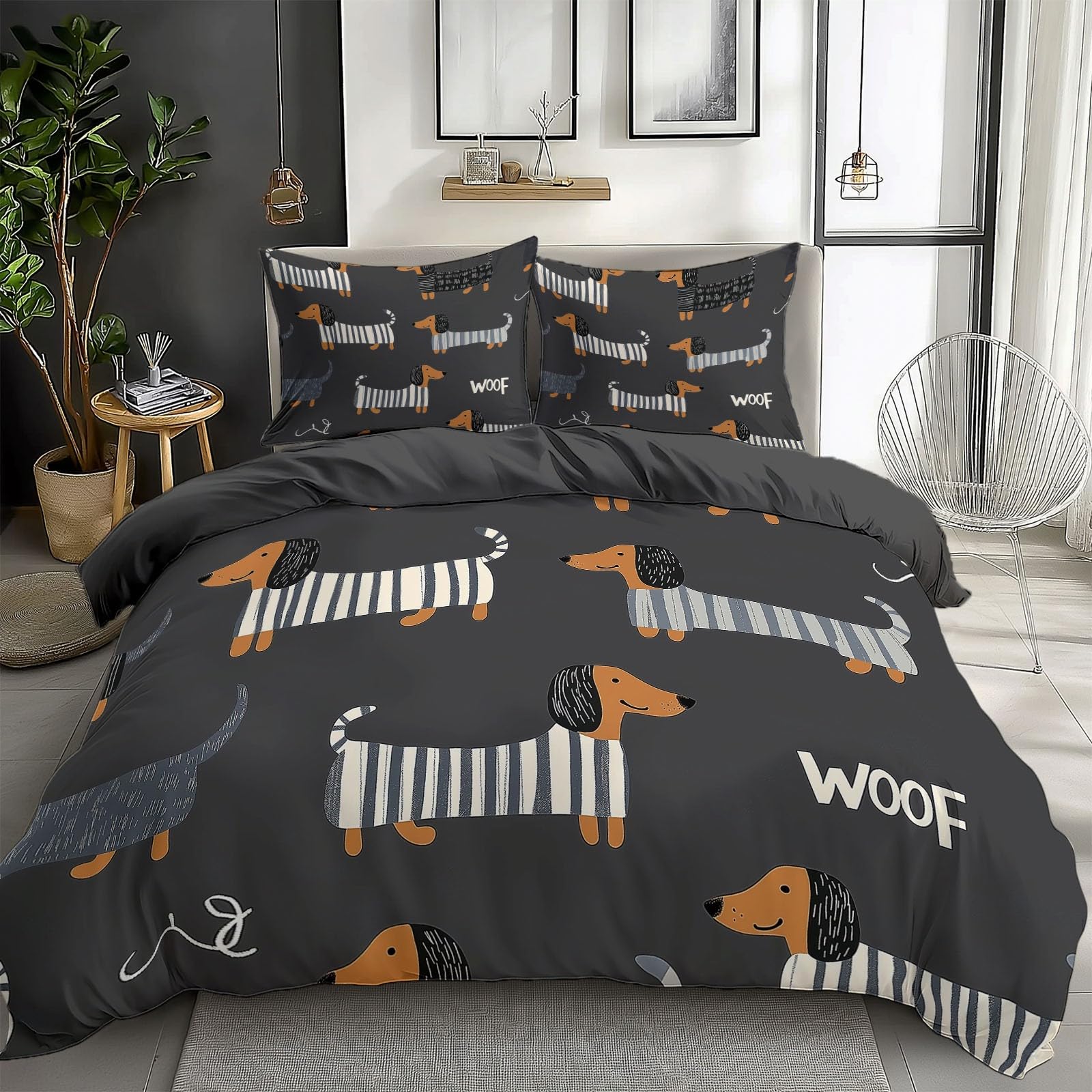 Juegos de Fundas nórdicas Polialgodón Premium Perro Salchicha Funda nórdica Estampada Ultrasuave Reversible Gris carbón 220 x 240 cm Fundas nórdicas Juego de Cama sin Planchado
