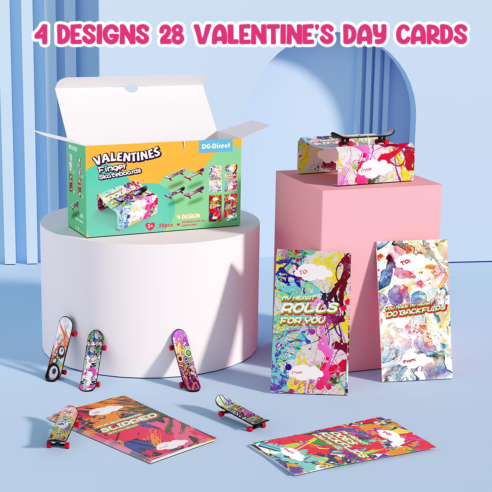 DG-Direct 28 Packs Valentine's Day Cards with Finger Skateboards Toys, Kids Valentine Party Favor, Valentine's Day School Classroom Prizes, Valentine Exchange Gift (Finger Skateboards)
