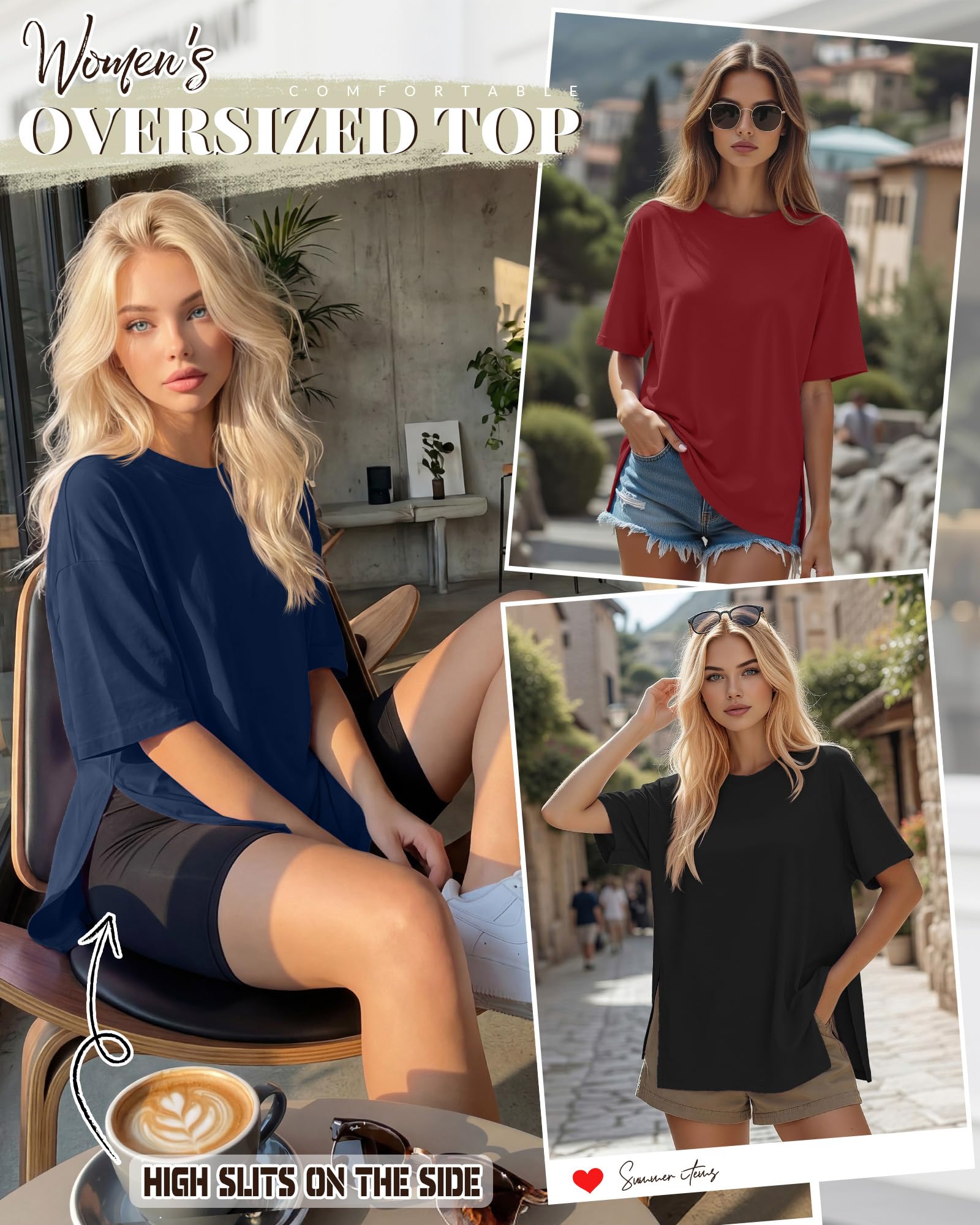 Geyoga Lot de 3 T-Shirts Oversize Femme | T-shirts Longs Coupe Ample, Hauts De Gym Baggy Ete, Manches Courtes, Col Rond, Fentes Laterales, Mode Grande Taille