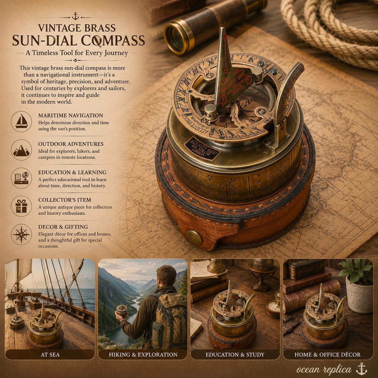 Marine Art Replicas - Brújula de brújula de latón con Funda de Piel/brújula magnética direccional para navegación/brújula de Bolsillo para Camping, Senderismo, Turismo.
