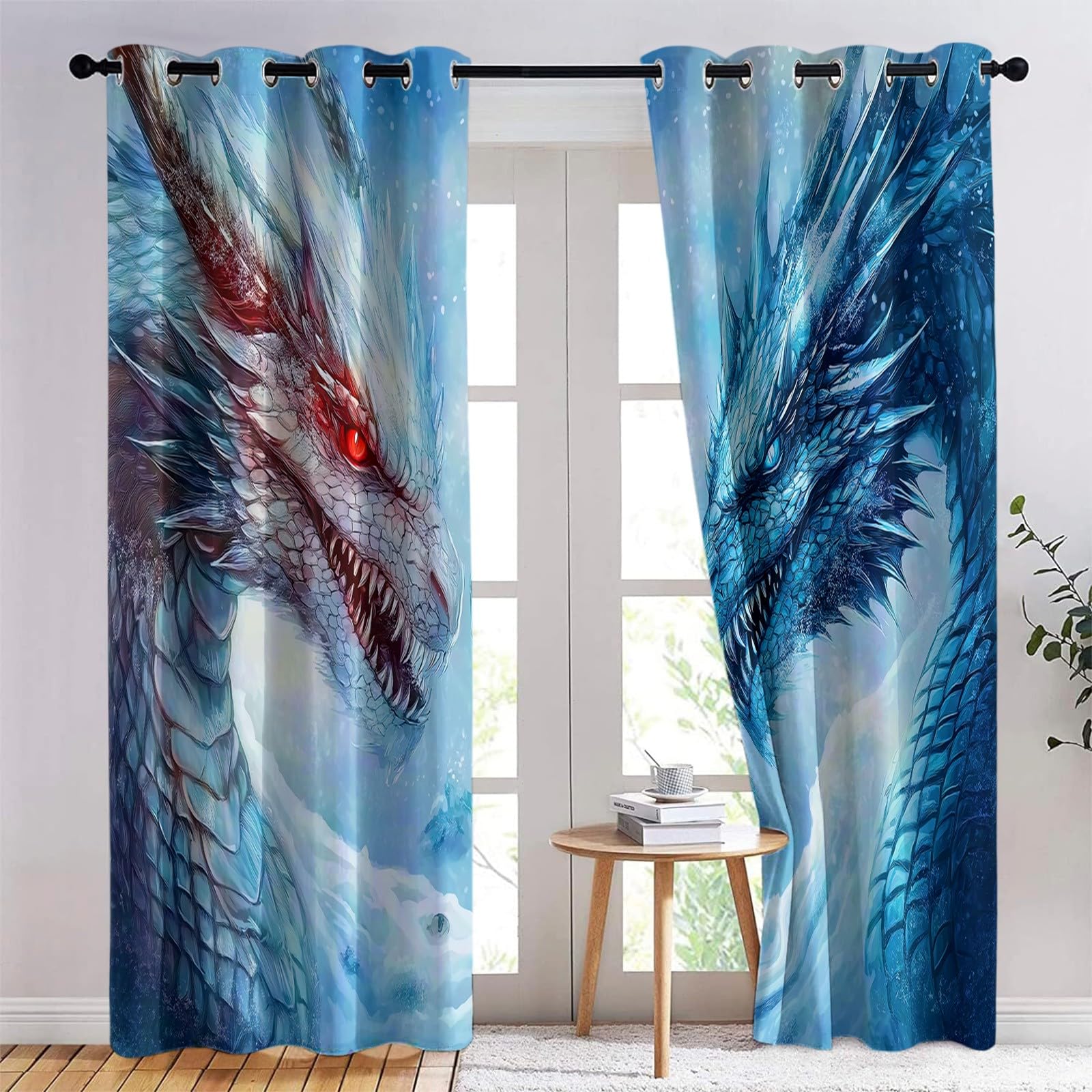 Fantasy Art Dragon zasłony zaciemniające z oczkami, niebieskie, nadające się do prania, poliester, ochrona prywatności, do sypialni, salonu, 166 x 150 cm