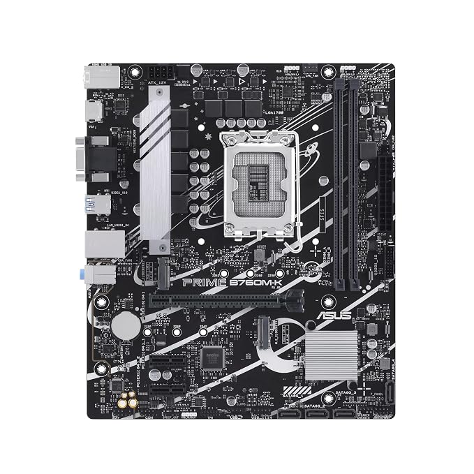 ASUS Prime B760M-K-CSM, an Intel® B760 LGA 1700 mATX Motherboard with PCIe 4.0, Two PCIe 4.0 M.2 Slots, DDR5, Realtek 2.5Gb Ethernet, VGA, HDMI™, SATA 6 Gbps, Front USB 3.2 Gen 1, Aura Sync