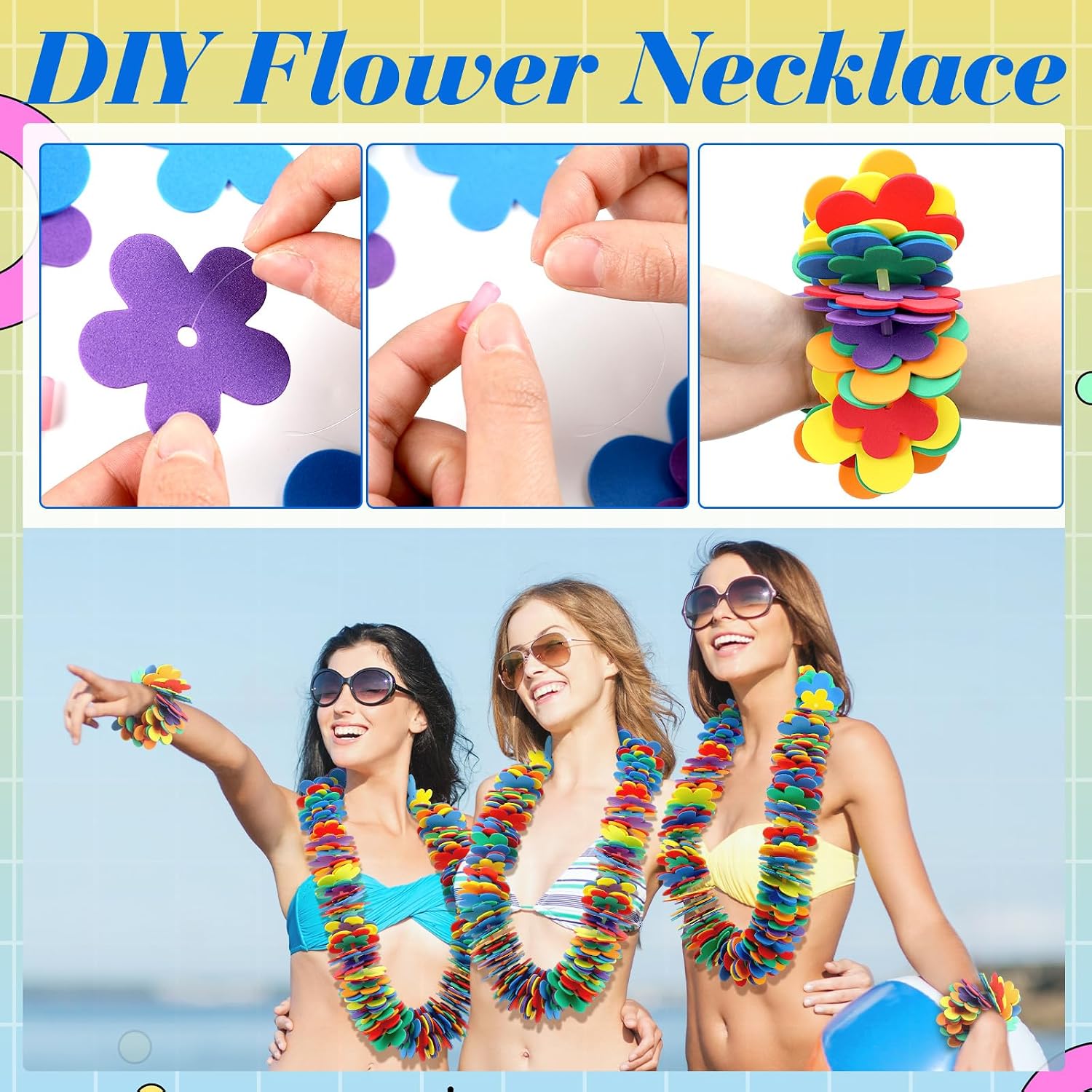 Wettarn 48 Pcs Hawaiian Lei Making Craft Kit Makes Foam Flower Necklace VBS Vacation Bible EVA Flowers Foam Luau Crafts DIY Floral for Luau Tropical Party Decoration (Flower)