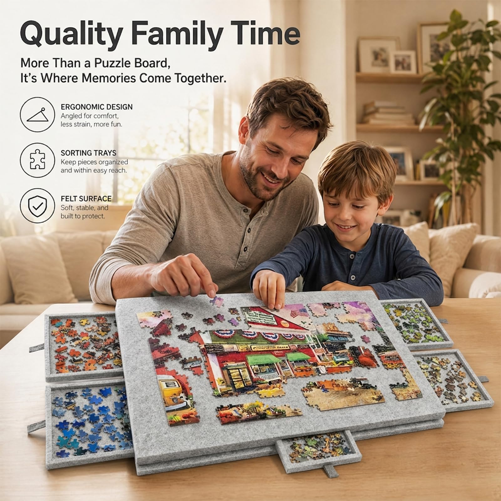 Deska do puzzli 2 w 1 na 1000 elementów z 6 szufladami, uchylny i składany stół do puzzli z filcu z pokrywą i stojakiem, przenośna teczka do przechowywania puzzli (srebrno-szara)