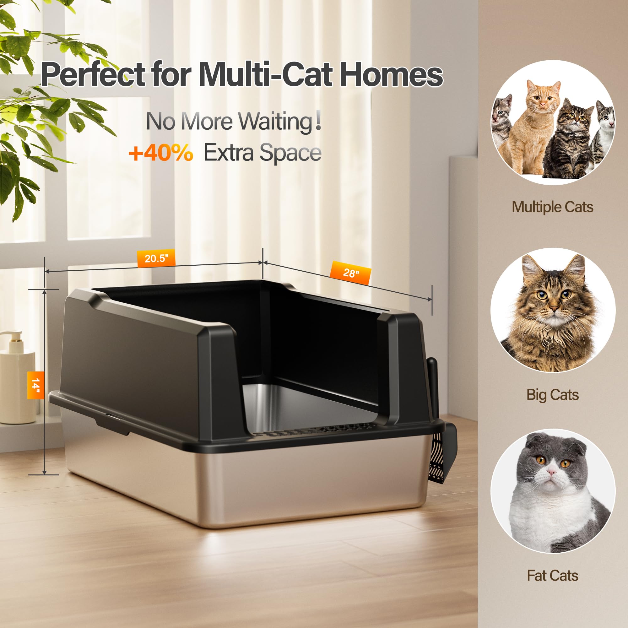 Amniau Stainless Steel Jumbo Open Cat Litter Box, XXXL 28"x20.5"x14" for Large Cats & Multi-Cat Households, Anti-Leakage High Walls & Non-Slip Base, Non-Sticky, Easy Clean Durable Metal Litter Pan - image 4