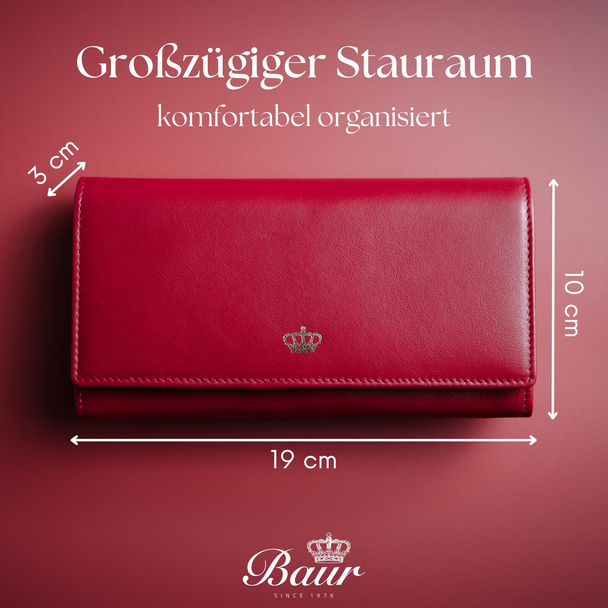 Baur Damen Geldbörse – Echtes Nappaleder mit RFID-Schutz – Großes Portemonnaie mit Druckknopf, 18 Kartenfächern und Münzfach mit Metall-Reißverschluss – Vollleder (Rot, Gold Design)