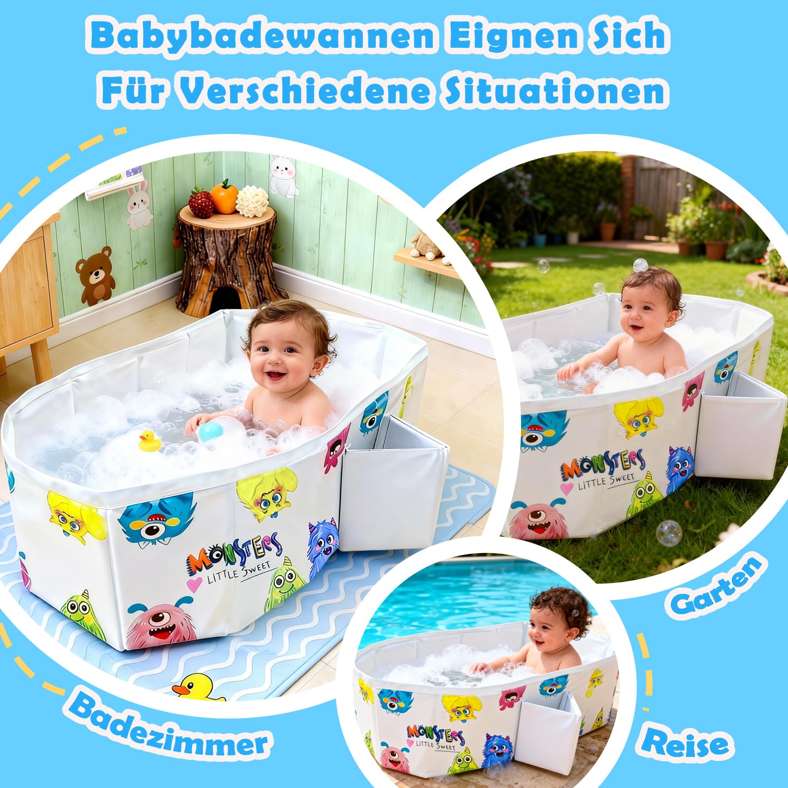Baby Badewanne,Großraum Babywanne,Baby wanne im Monsterchen Motiv,Platzsparende Babybadewanne Faltbar,Tragbare badewanne kinder,Kinderbadewanne mit Ablassschraube für Kinder von 0-8 Jahre