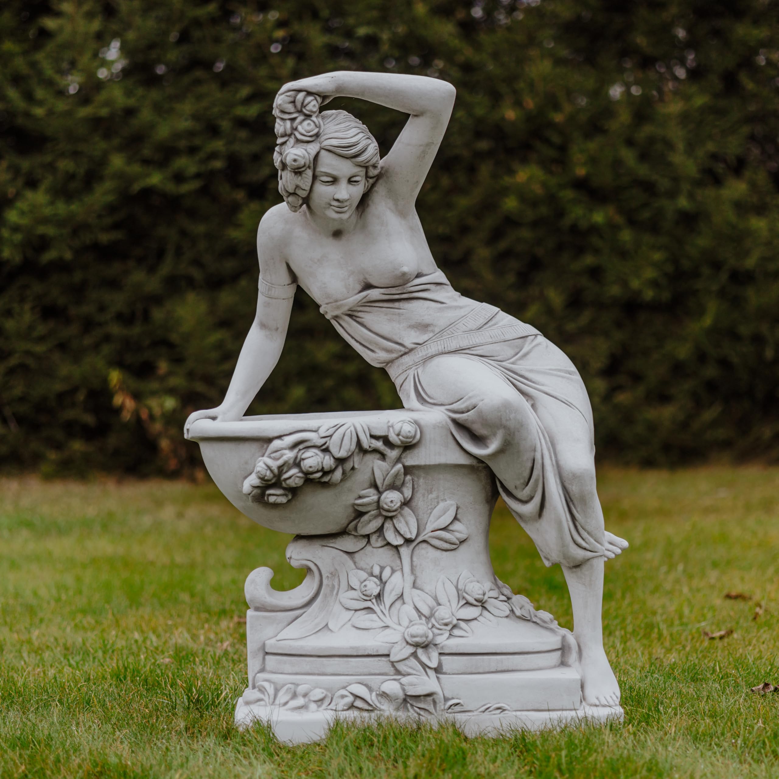 gartendekoparadies.de Frauen-Statue mit Pflanzschale Pflanzgefäß aus Steinguss, Grau, Frostsicher für Außenbereich, H. 141 cm, 398 kg