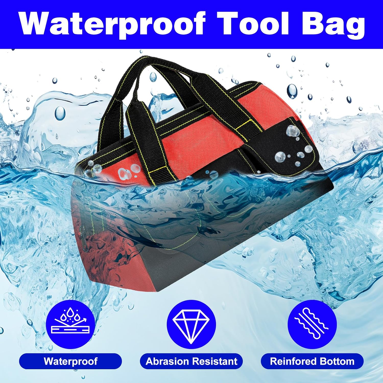 4 Pack Tool Bag for Men with Waterproof Strong Hard Bottom, Heavy Duty Tool Bag Multi Pockets Wide Mouth Tote for Various Instrument, Electrician Carpenter Mechanic (13 Inch, Black, Red, Yellow, Green