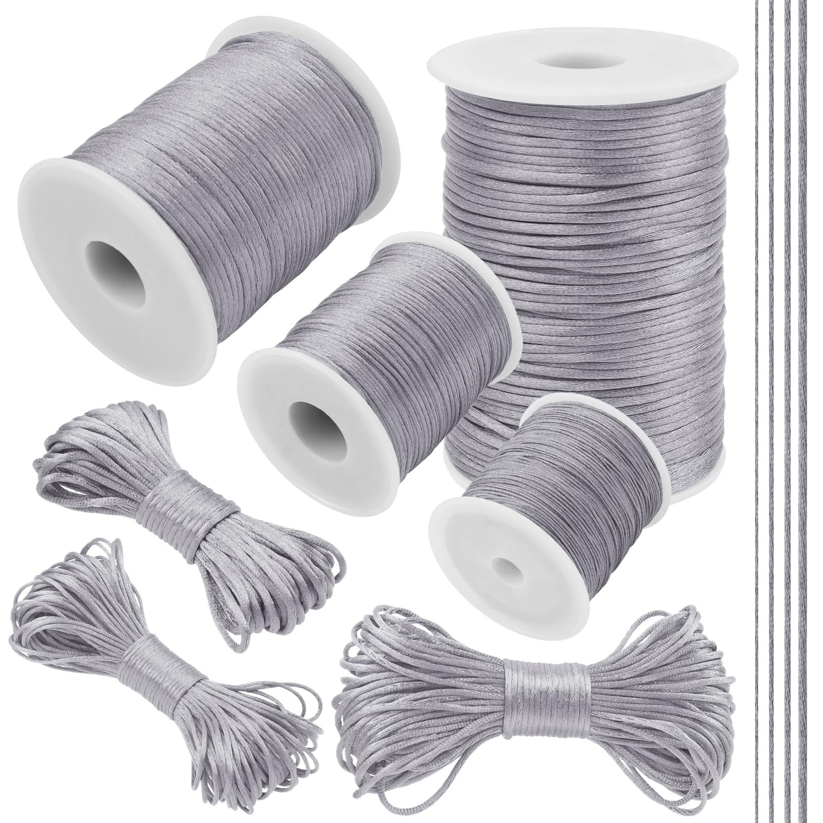 LEREATI Silver Gray Nylon Cord 2mm x 109 Yards Satin Cord Silk Bracelet String Macrame Necklace Cord, Nylon String for Jewelry Making, Beading, Chinese Knot, Wind Chime