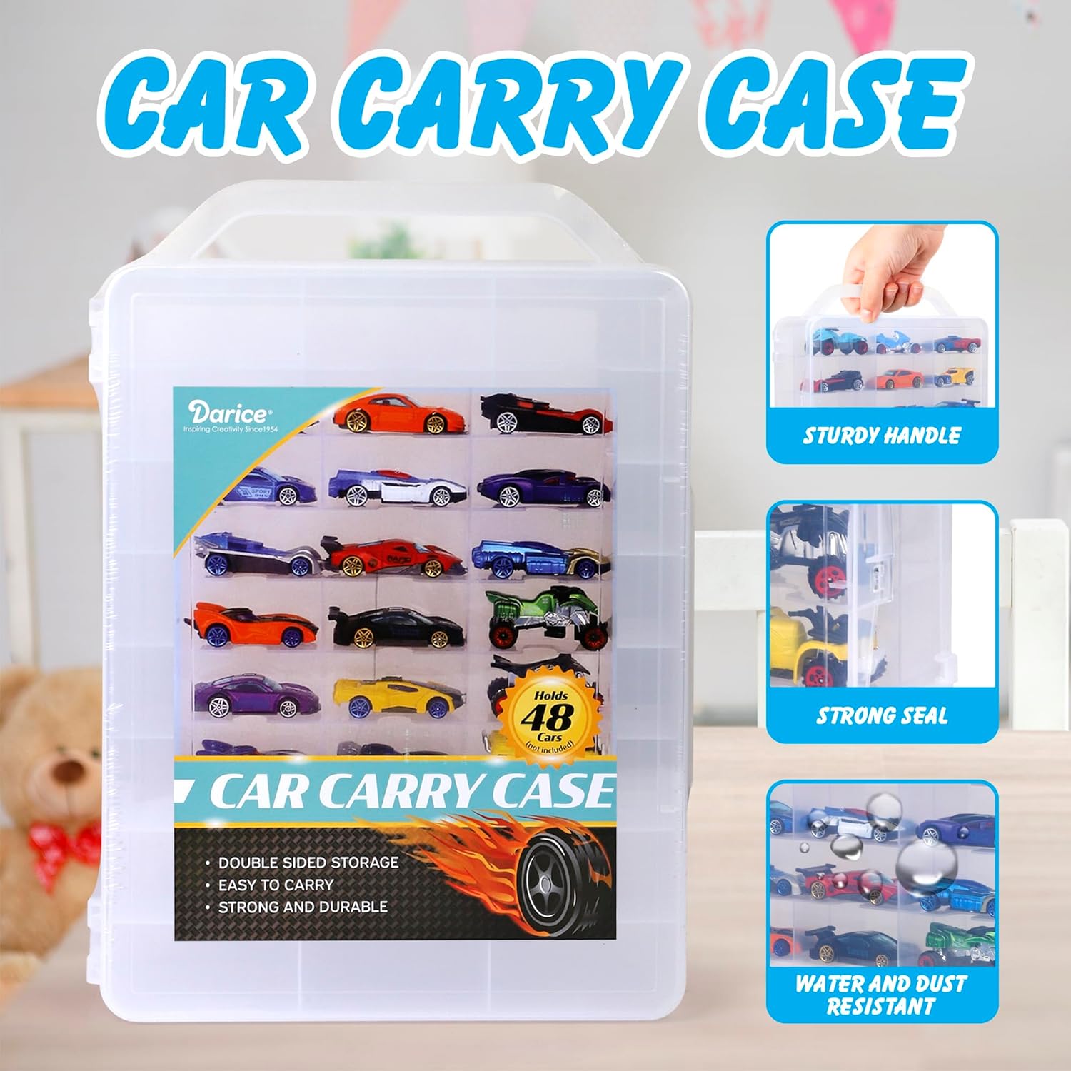 Darice Double Sided Toy Cars Case - Portable Organizer for 48 Hot Wheels, Matchbox Cars; Clear Mini Storage Box With Easy-Carry Handle