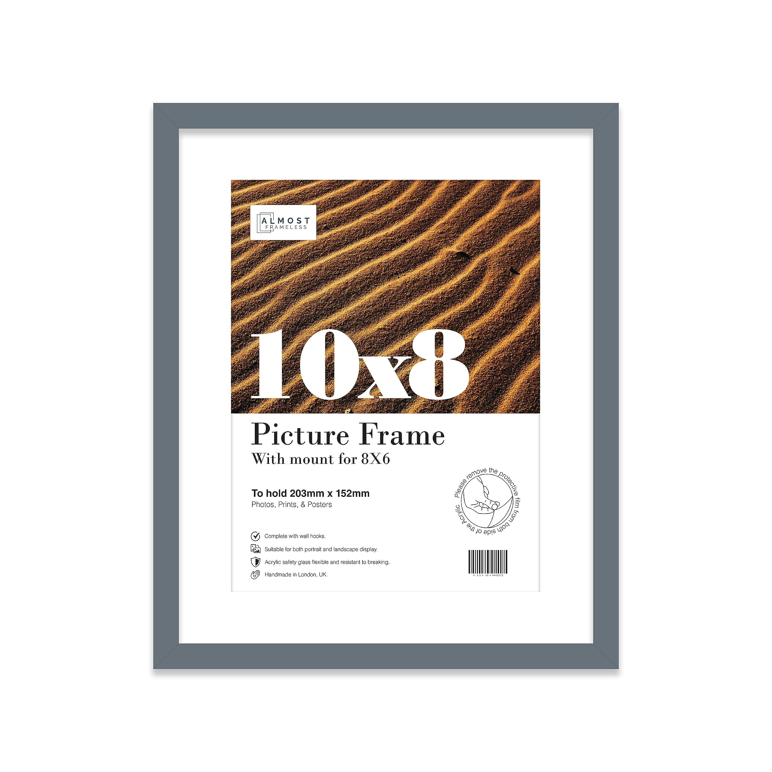 Almost Frameless 10x8 Grey Picture Frame With Mount for 8x6 Print, Poster or Photo Poster, Photo, Artwork, or Print. Thin Edge Slim Frame Portrait and Landscape Display with Wall Hooks
