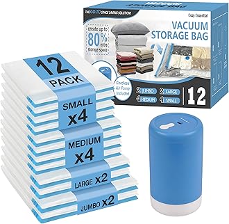 Cozy Essential Travel Vacuum Storage Bags with Rechargeable Cordless USB Pump, Space Saver Bags for Luggage, Suitcase, Carry-On, for Clothes, Blankets, Bedding & Seasonal Storage,12 Combo
