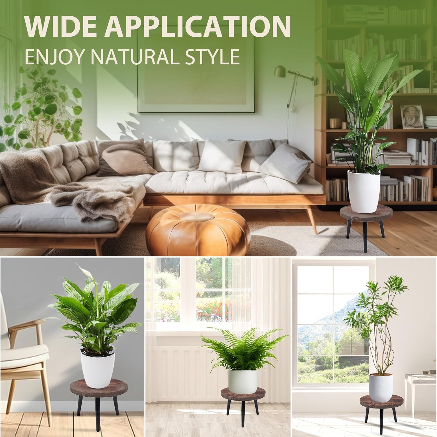 2 Pcs 8 inch Plant Stands, Small Floor Indoor Plant Stand, Mid Century Wood Planter Stand with Metal Leg, Round Modern Plant Stool for Indoor Outdoor Flower Pots (Brown)