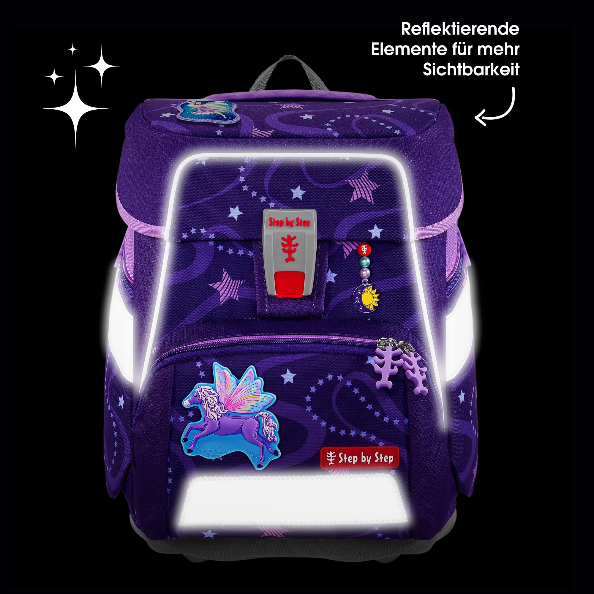 Step by Step Tornister szkolny Space, 5-częściowy, ergonomiczny tornister z odblaskami, regulacja wysokości z paskiem biodrowym, od 1. klasy, 20 l, Pegasus Emily - fioletowy, Rozmiar uniwersalny