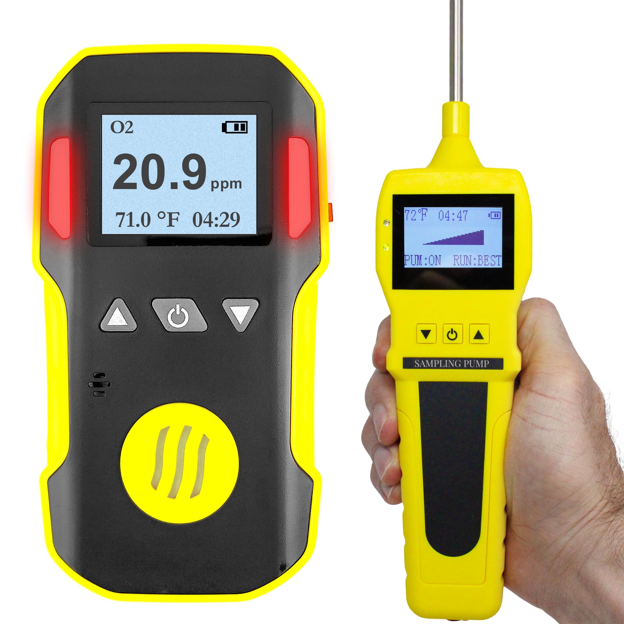 Detector de Oxígeno + Bomba | Certificado de Calibración de la UE y EE. UU. | Recarga USB | Alarmas Sonoras, Luminosas y por Vibración | 0–30% O2 |