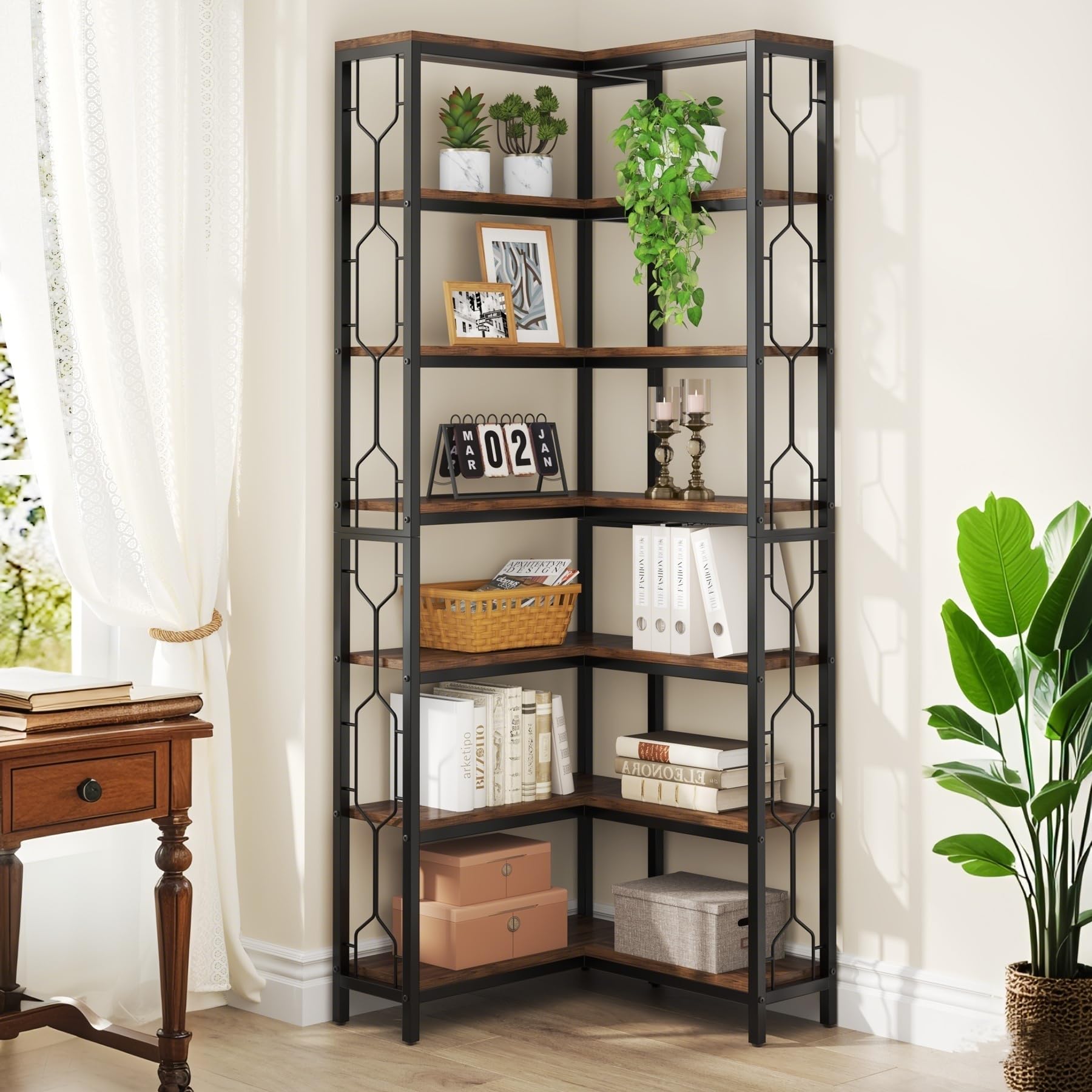Tribesigns 7-Tier Corner Shelf, 78.7" Tall Bookshelf with Storage, Corner Bookshelf and Bookcase, Industrial Display Shelf for Living Room, Bed Room, Home Office (Brown)