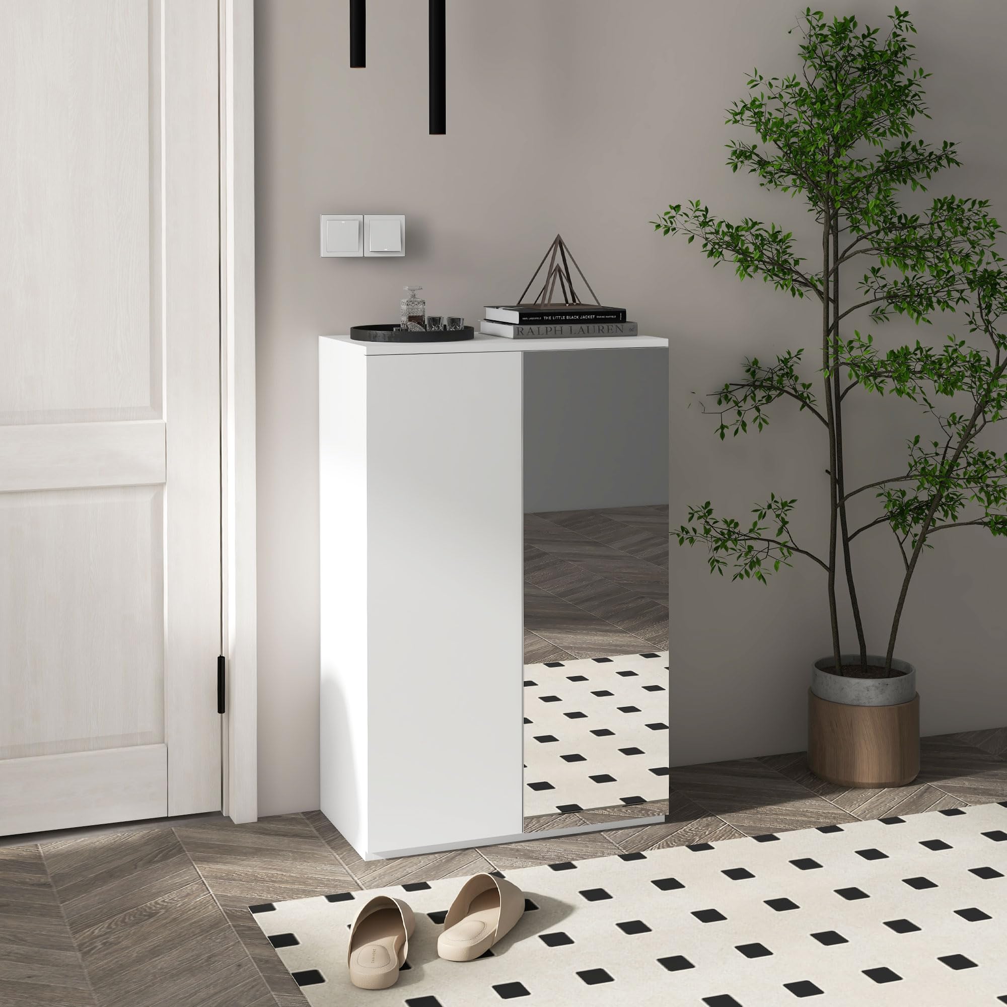 HOMCOM Mueble Zapatero con Espejo Armario Zapatero 60x32x95 cm Blanco | 18 Pares de Zapatos, 5 Estantes Ajustables, para Recibidor