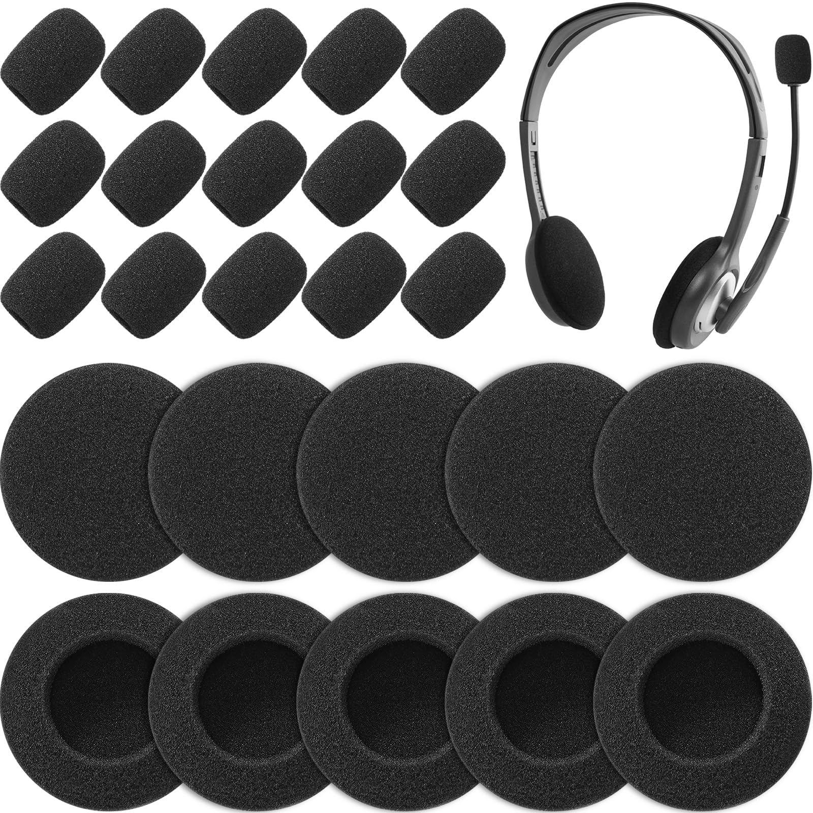 Saysurey 48 Pack Headset Foam Cover 24 Pcs 55mm/2.2" Replacement Foam Ear Cushions Cover 24 Pcs Black Microphone Windscreen for Headphones Most Standard Size Office Telephone Headsets