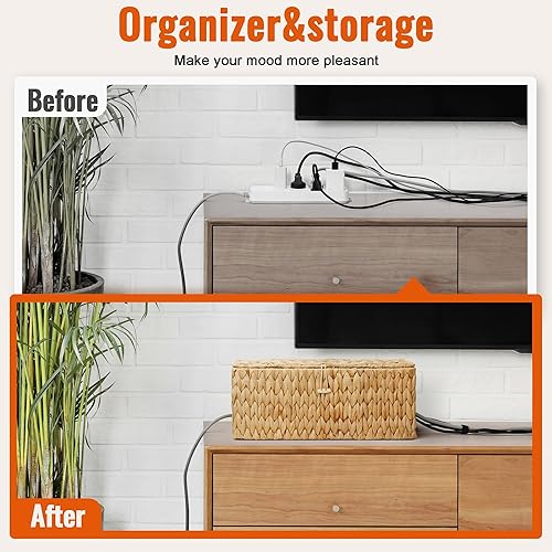 Miniatura 2 de Posprica Caja de organización de cables con tapa, paquete de 2 cajas organizadoras de cables de jacinto de agua real, 2 ranuras laterales abiertas