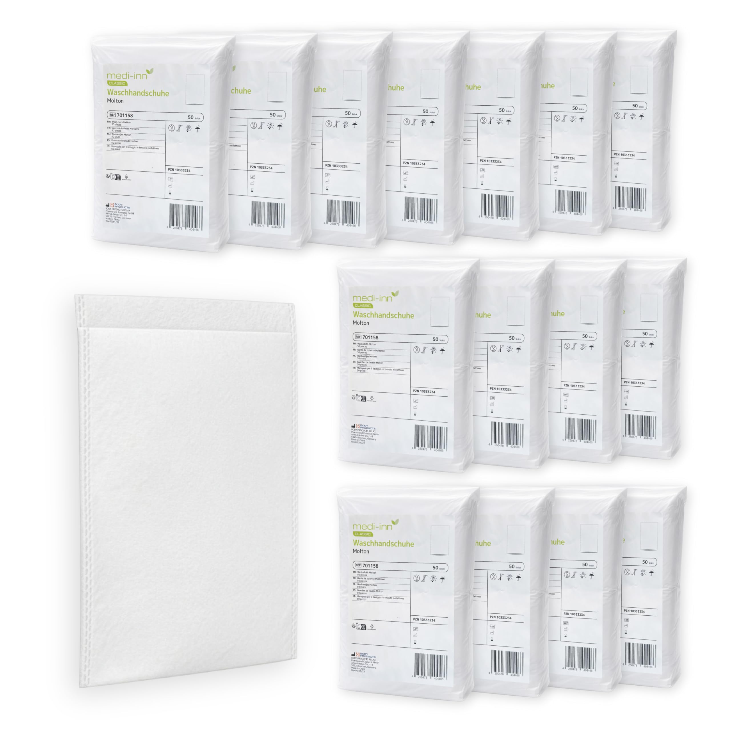 Medi-Inn Einmal-Waschhandschuhe Molton weiß, 20 x 50 Stück – 75 g/m², 22 x 15 cm, latexfrei, für Pflege & Babypflege