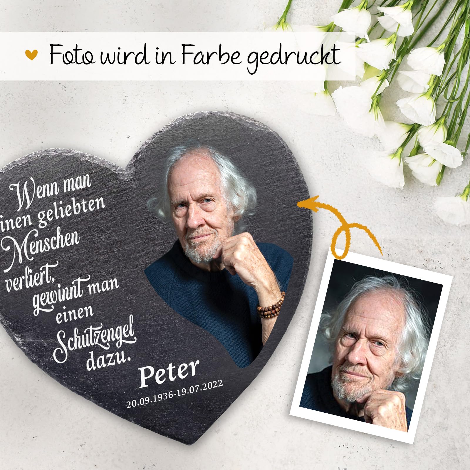 Love Faith personalisiertes Schieferherz - & Text - Trauergeschenk | Hochwertiges Schieferherz - Lade ein Foto hoch & gestalte mit Wunschtext - Liebevolles Trauergeschenk & Erinnerungsstück