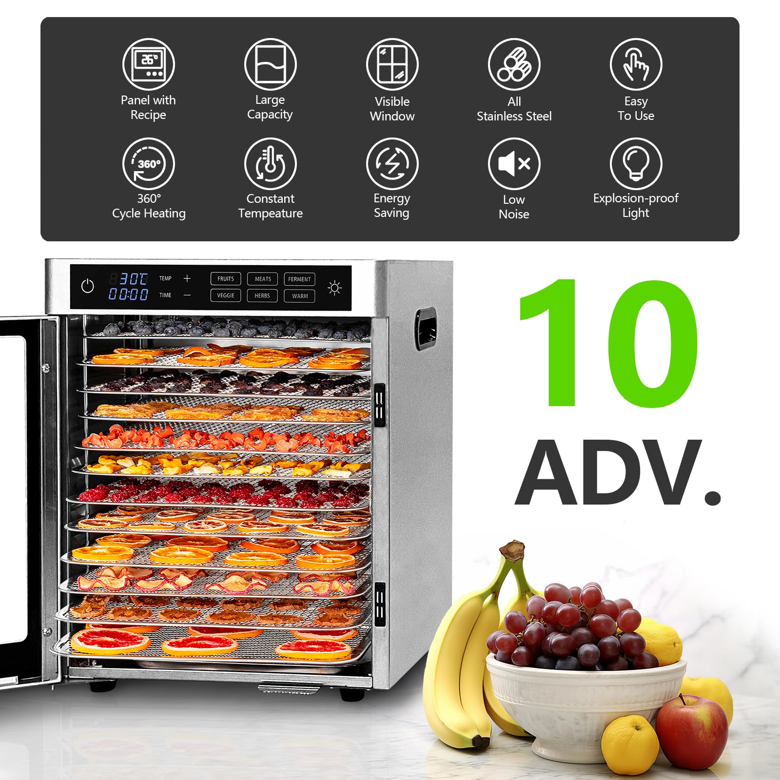 Dörrautomat Edelstahl mit 12 Edelstahlgitter - 800 W - 6 Voreinstellungen für Dörrgerät Dehydrator Obsttrockner Dörrapparat