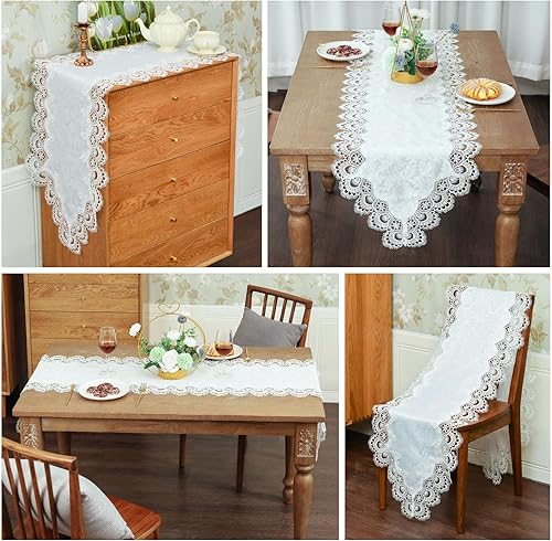 Miniatura 5 de Camino de mesa blanco, camino de mesa auxiliar de encaje floral, camino de macramé para fiesta, tocador de mesa con tela blanca para primavera y