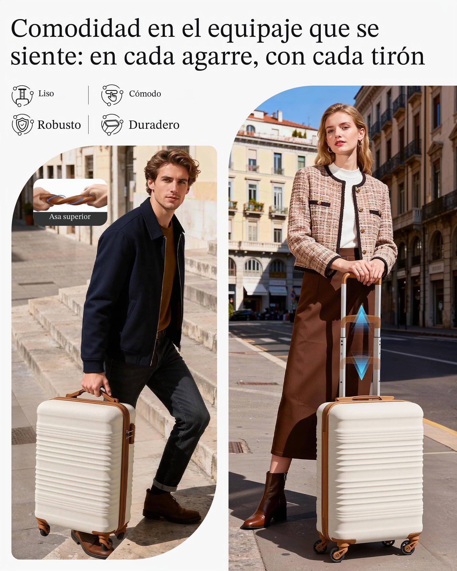 COOLIFE Maleta de cabina 55 x 35 x 20 cm para Ryanair, equipaje de mano, ligero, con candado TSA y 4 ruedas giratorias, blanco/marrón, 55X35X20cm -Set 2tlg