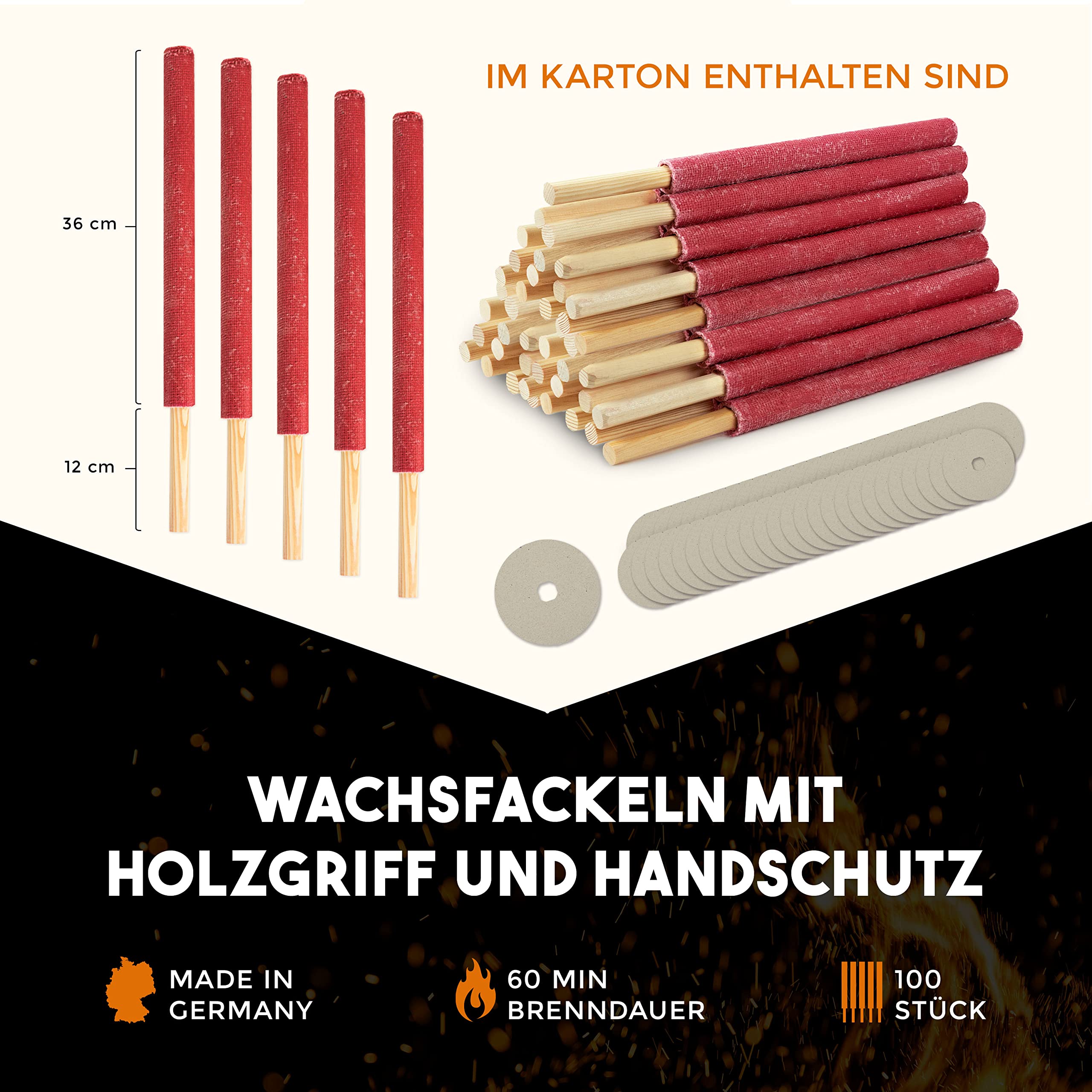 Bolson Wachsfackeln 60 Min (100 Stück) Gartenfackel aus Wachs mit Handschutz & Griff für Kinder & Erwachsene - in Deutschland hergestellte Fackel f. Draußen - ideal f. Fackelwanderung, Garten, Outdoor