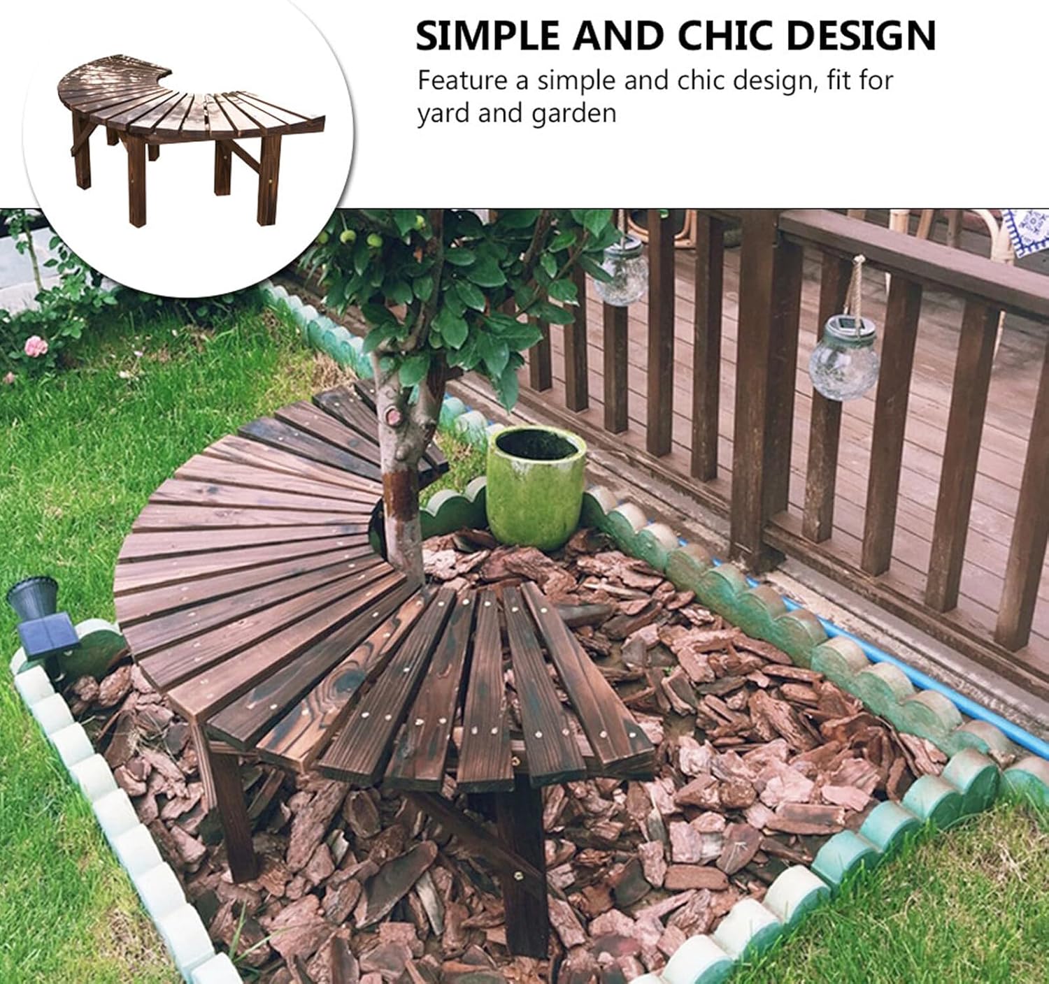 Multifunctional Solid Wood Garden Bench with Half-Circle Flower Pot Rack Outdoor Patio Seating for Yard and Balcony Storage