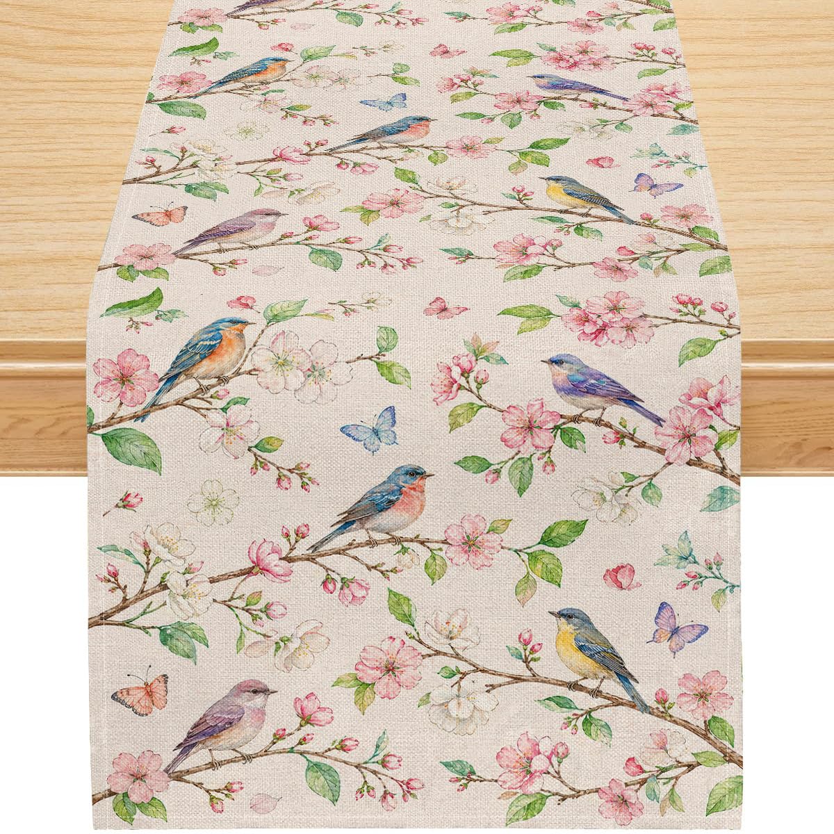 Vintage Botanical Birds Table Runner, Watercolor Floral Bird Butterfly Linen, Spring Garden Dining Decor for French Country Kitchen 13x108 Inch