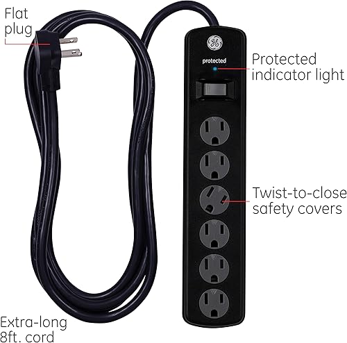 Miniatura 2 de GE 54643 Protector de sobretensión con tira de enchufes, cable de extensión de 8 pies, extensor de 6 tomas, 800 joules, enchufe plano, cubiertas de