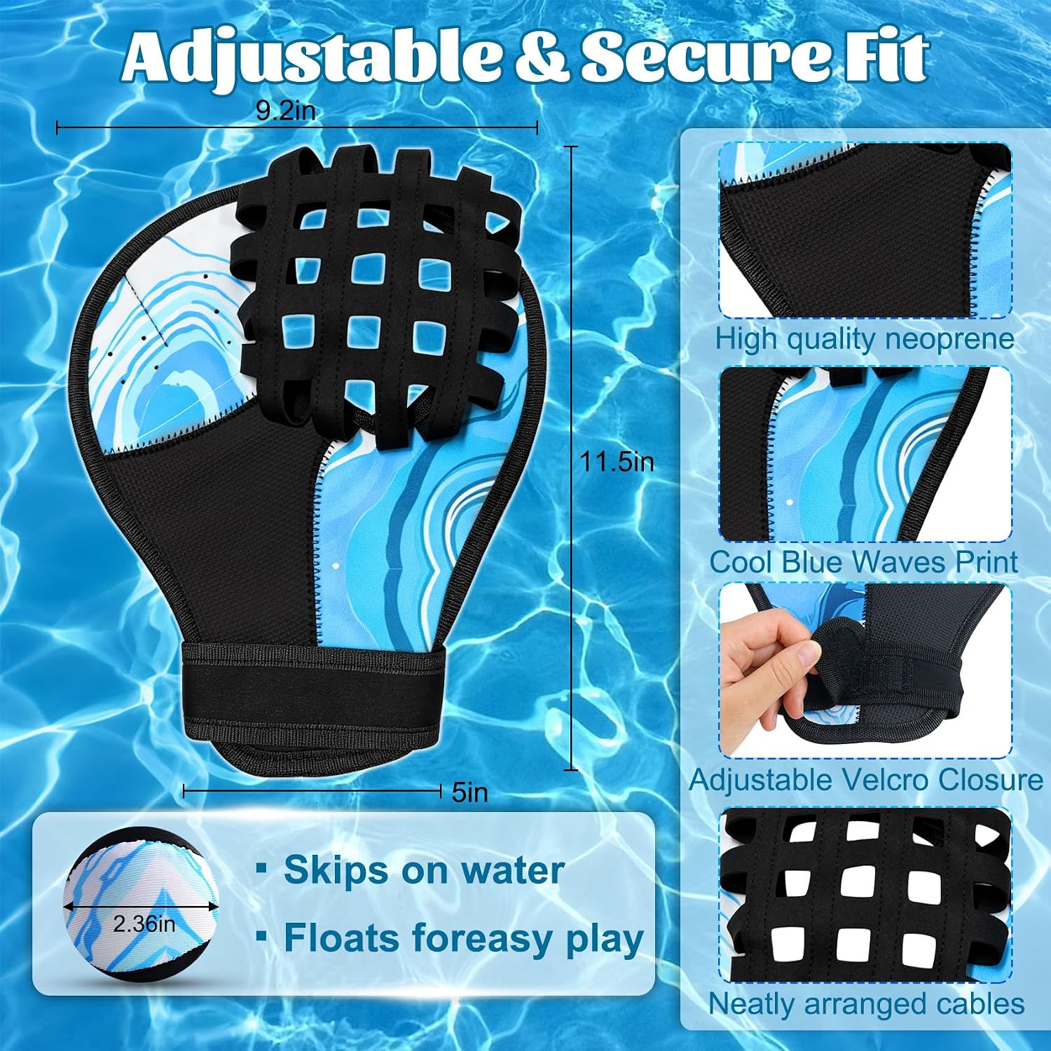 Water Baseball Glove & Ball Set, Neoprene Ambidextrous with Drain Hole 2Pcs