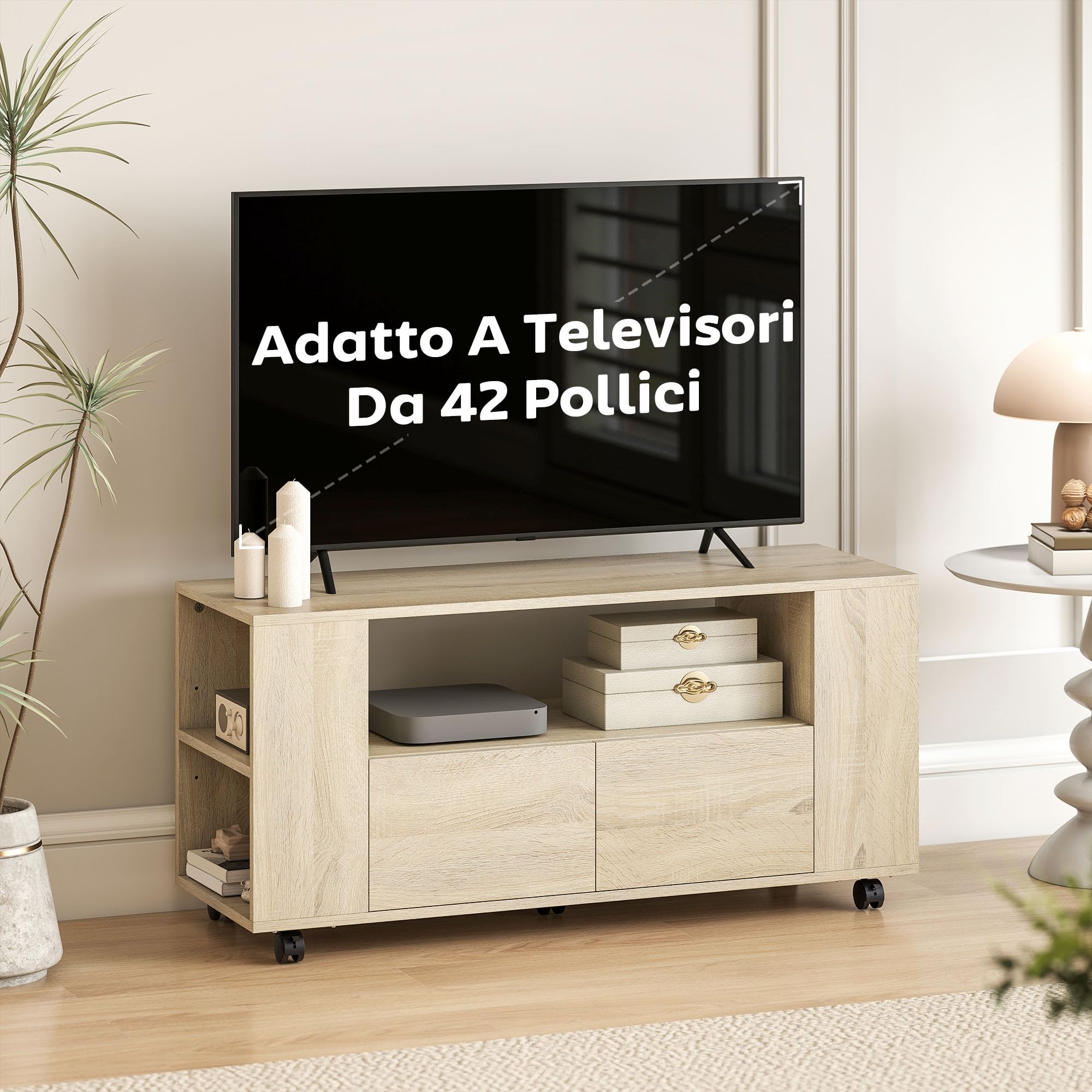 HOMCOM Mobile Porta TV fino a 42", Mobiletto TV con Ruote Girevoli e Freno, Ripiani Regolabili e Cassetti, per Soggiorno e Salotto, 102x34.5x48.5 cm, Legno Naturale