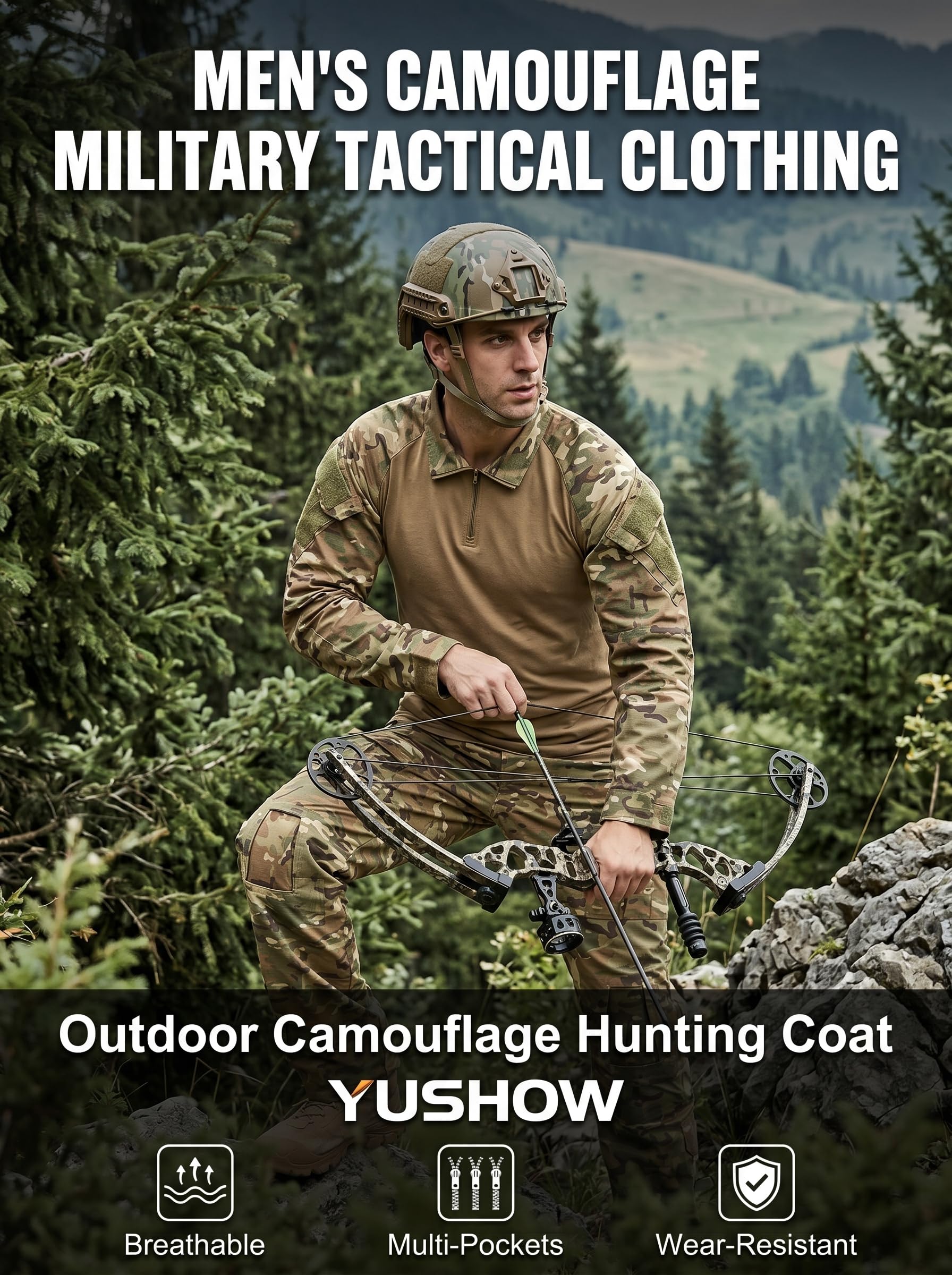 Airsoft, tuta mimetica da uomo, per paintball, combattimento, a maniche lunghe, con chiusura lampo 1/4, militare, per attività all'aperto, mimetica, abbigliamento da caccia BDU.. - 4