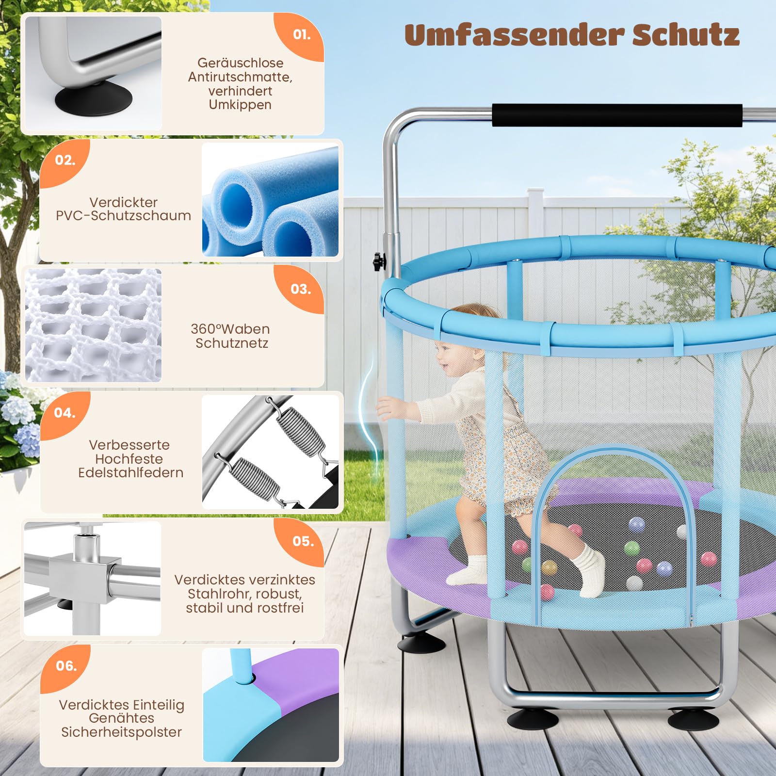 150cm Kindertrampolin, Trampolin Indoor/Outdoor für Kinder, Spielzeug mit Höhenverstellbarer Turnstange, 250KG Belastbar, Sicherheitsnetz, Basketballkorb, Schaukel, Ringe, Boxsack, Ozeanbälle