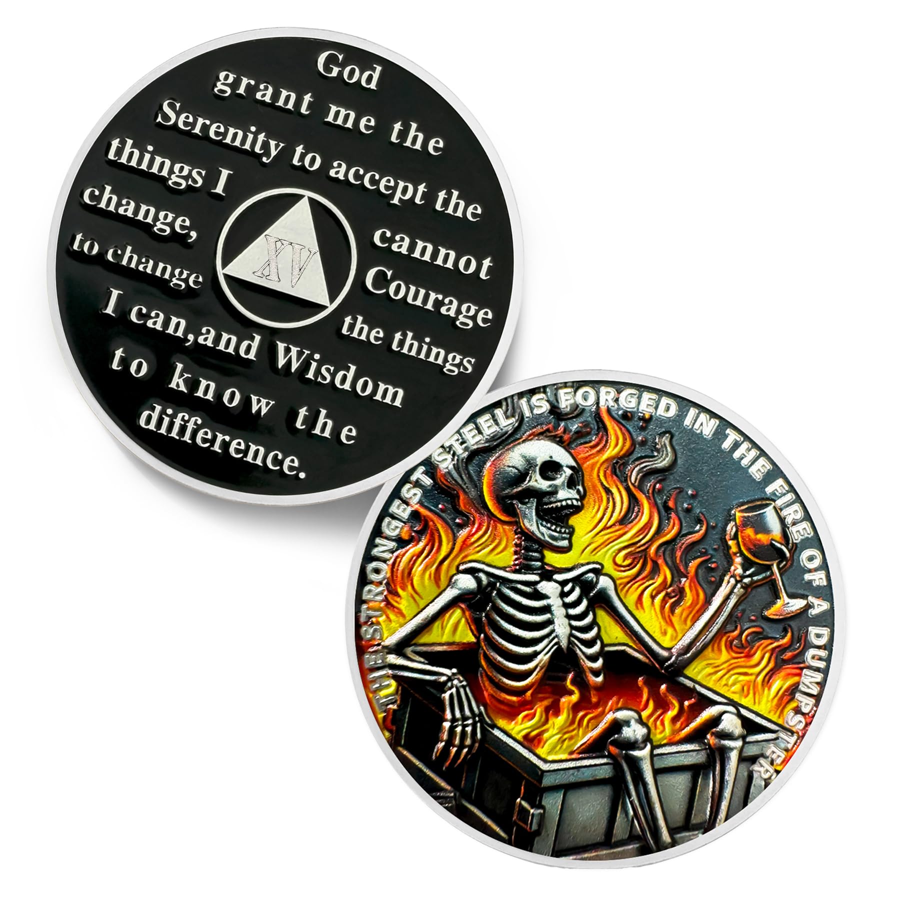 Dumpster Fire Skull 15 Year Sobriety Coin - The Strongest Steel is Forged AA Coins - Recovery Addiction NA AA Chips and Medallions - Celebrate Clean Narcotics Alcoholics Anonymous Gifts for Men Women