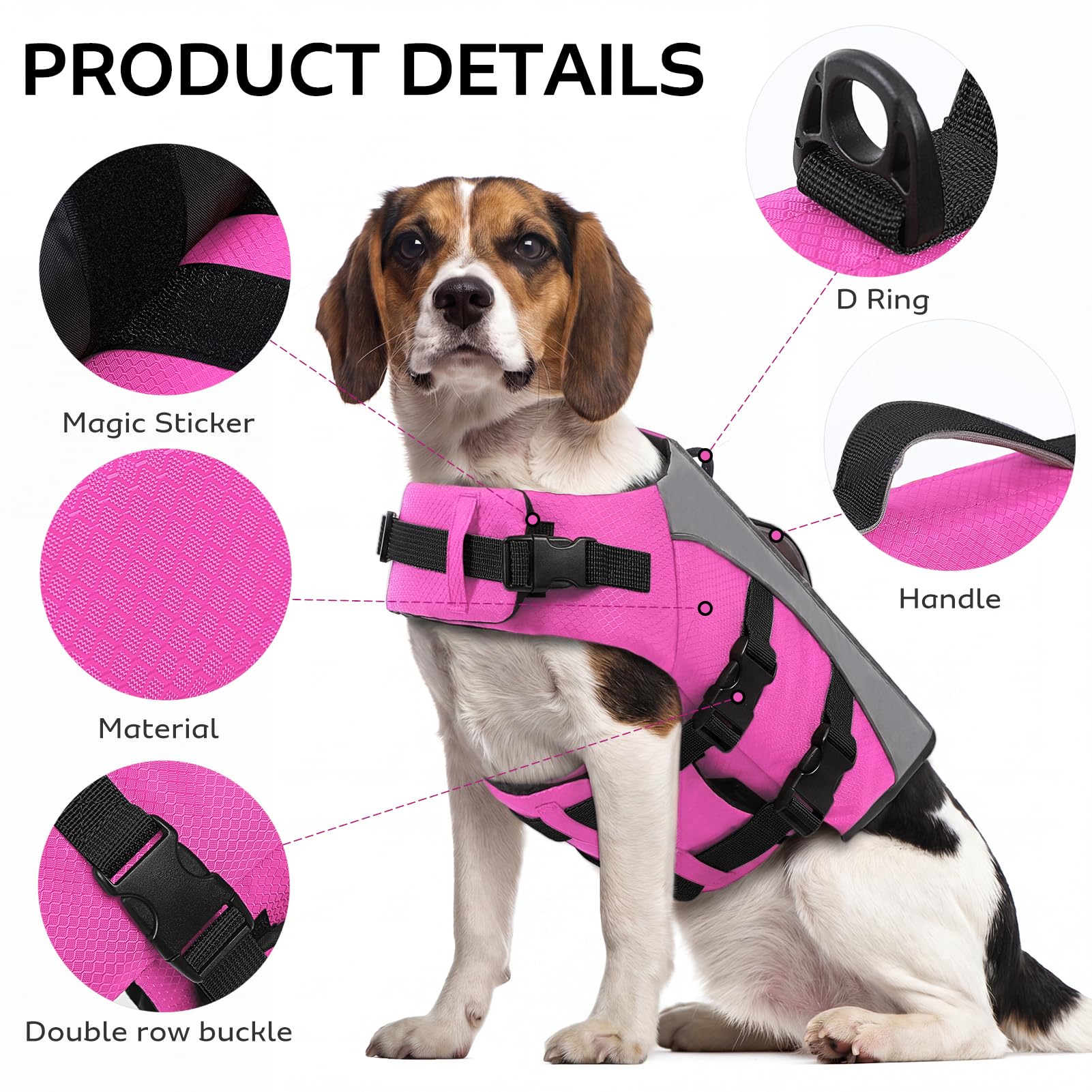CITÉTOILE Giubbotto Salvagente per Cani - Giacca Galleggiante Riflettente con Maniglia, Galleggianti e Cinture Regolabili per Sicurezza in Acqua, Piscina, Rosa, S
