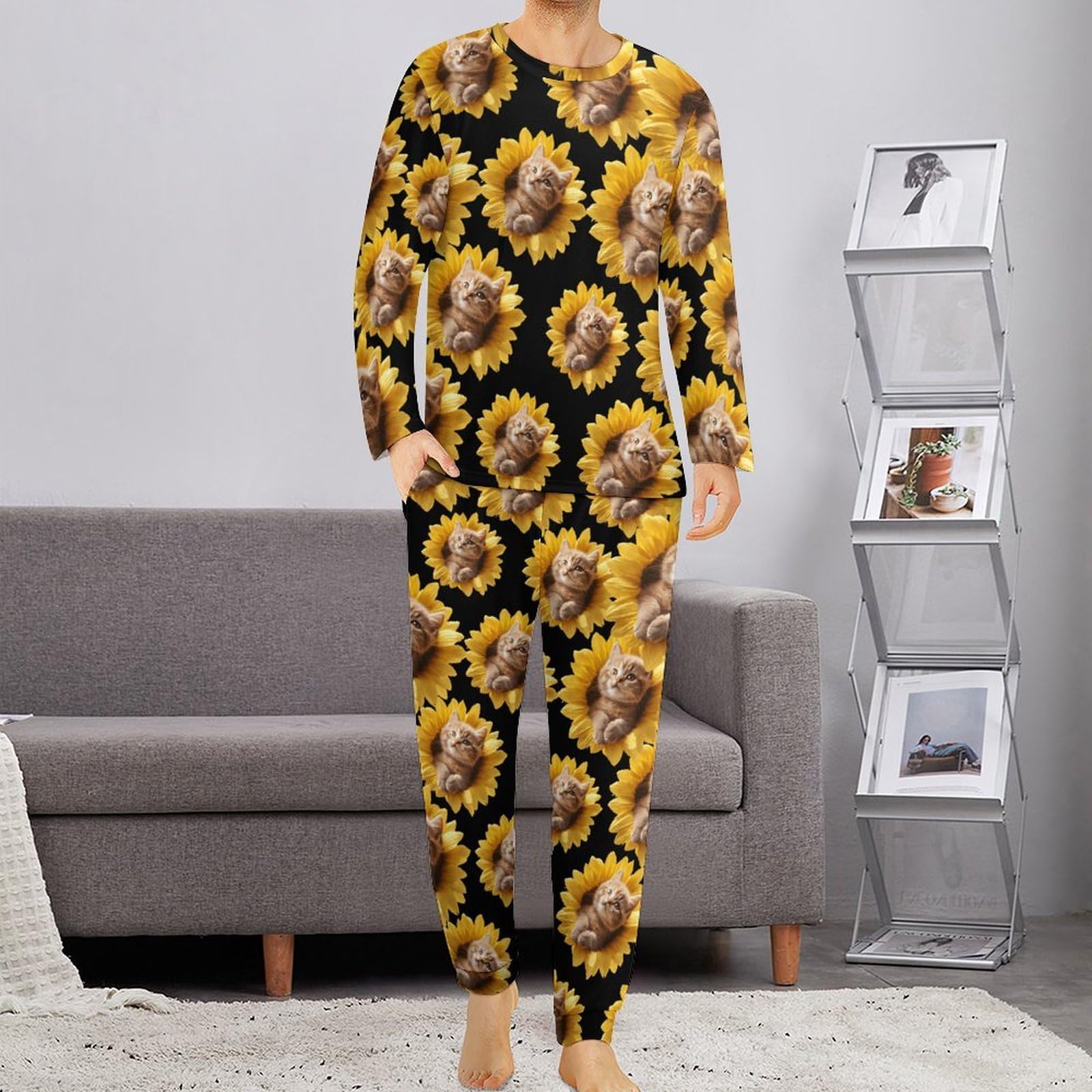 Conjunto de pijama de girasol para hombre, cuello redondo, 2 piezas, manga larga, suave, transpirable para todas las estaciones