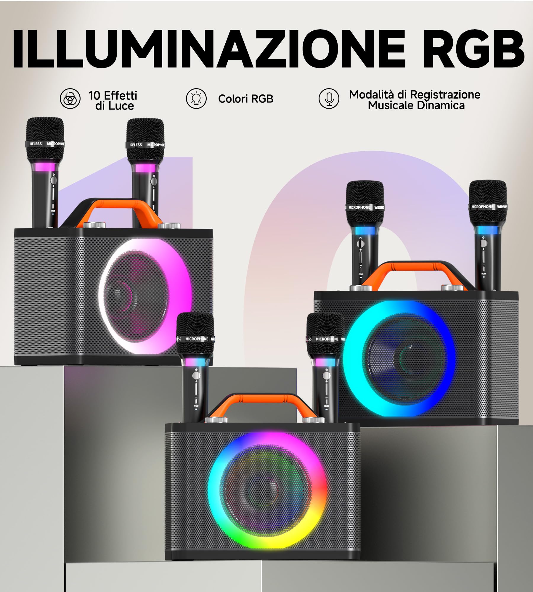 Macchina per karaoke con 2 microfoni wireless RGB, macchina per karaoke portatile da 5200 mAh con 10 modalità RGB, pannello di controllo indipendente, riproduzione 13H (Black x)