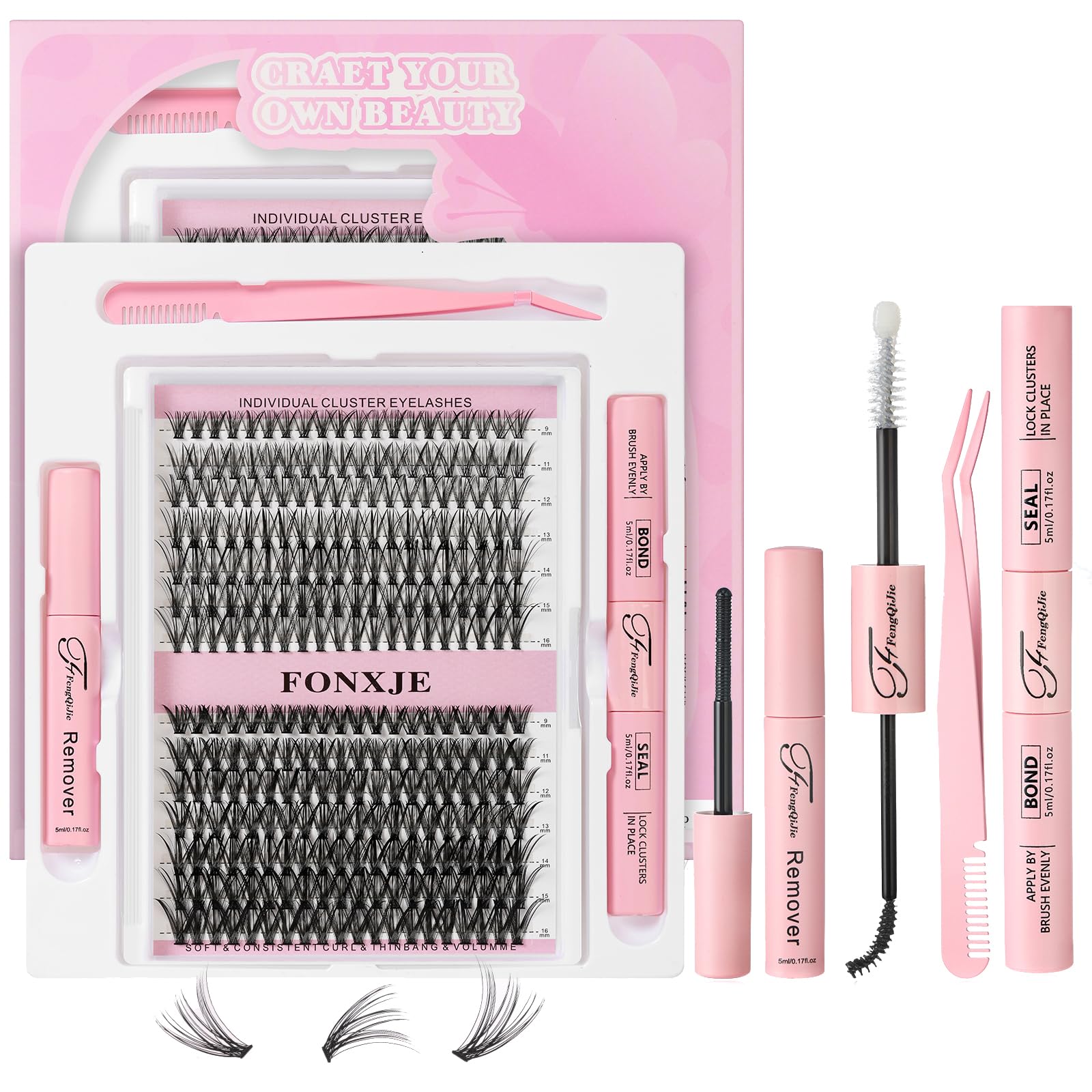 FONXJE DIY Lash Clusters Kit for At-Home Eyelash Extensions | 280 Cluster Lashes (9mm-16mm) with Lash Glue, Bond Sealer & Tweezers | Reusable Cluster