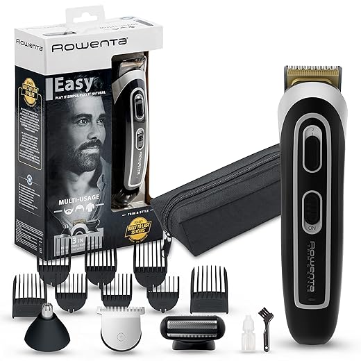 Rowenta multiaccesorios Trim & Style Easy 13 en 1 TN9140 Cuchillas autoafilables titanio para cabello y barba, afeitadora corporal, uso inalámbrico, autonomía de 120 min, resistentes al agua