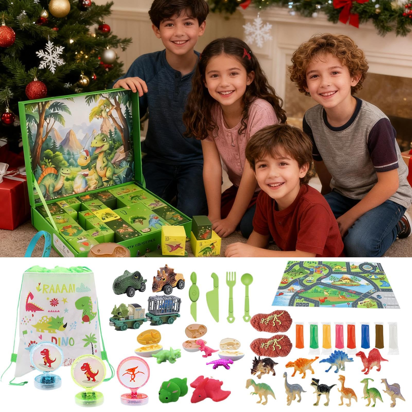 Dinosaurier Weihnachten 2025 Adventskalender 24 Tage Figuren Spielzeug | Kinder Auto Spielzeug Countdown Kalender für Kinder Sammler Wohnzimmer Schlafzimmer Studierzimmer Partygastgeschenk Winterf