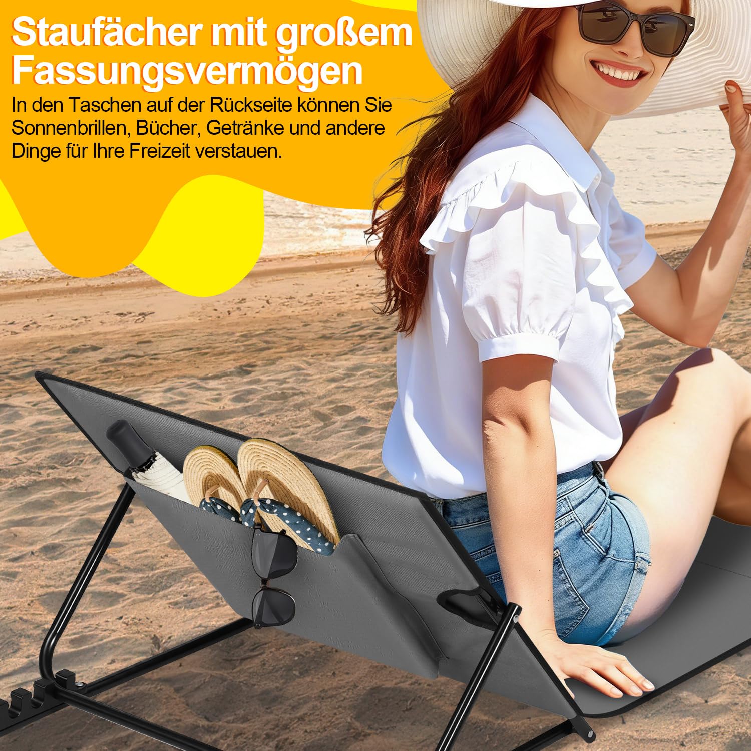 Mata plażowa z oparciem 145 cm, leżak plażowy składany, lekki, szerokość leżenia 47 cm, 1,4 kg, z poduszką i torbą do noszenia, na plażę, do ogrodu, na kemping i basen, ciemnoszara