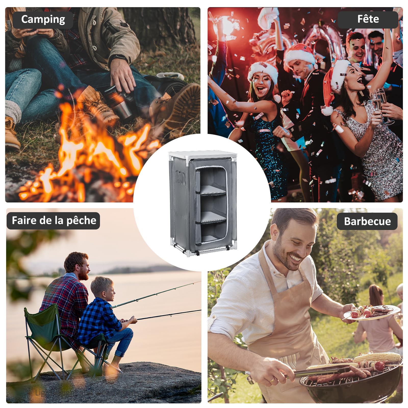Outsunny Cuisine de Camping, Meuble de Camping avec étagères, Sac de Transport Inclus, Structure en Aluminium, pour Accessoires Cuisine, Aliments, 60 x 50 x 104,5 cm, Gris