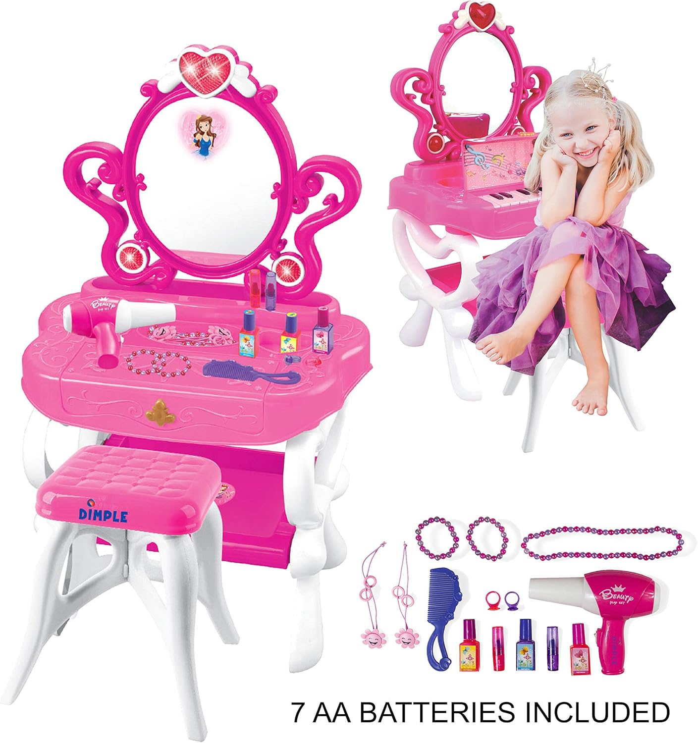 2-in-1 Musical Piano Vanity Set Girls Toy Makeup Accessories with Working Piano & Flashing Lights, Big Mirror, Pretend Cosmetics, Hair Dryer - Princess Image Appears in Mirror, 7 AA Batteries Included : Toys & Games