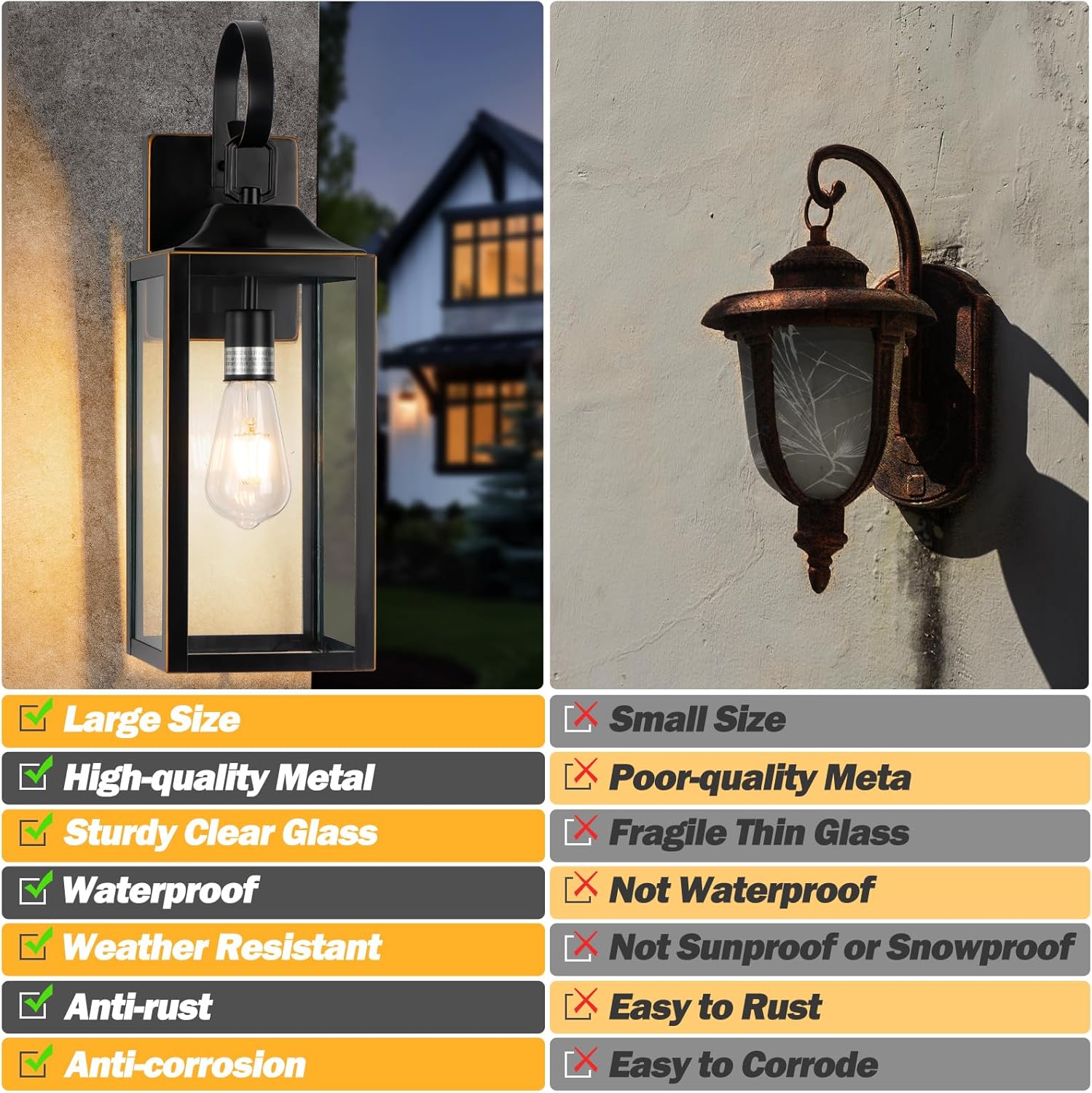 19" Large Outdoor Wall Light Fixtures, 2 Pack Black Exterior Light Fixtures Wall Sconces Porch Lights Outdoor, Waterproof Outdoor Lighting for House Garage Entryway-with Gold Trim