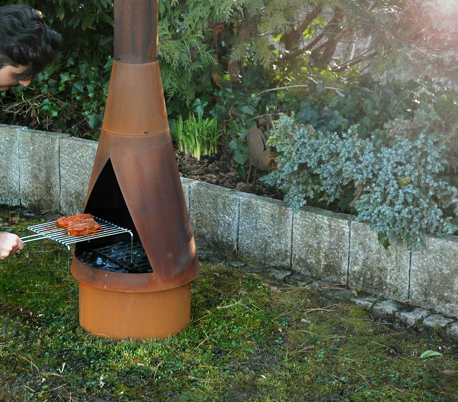 Yerd Gartenkamin Denver XXM 2 Meter 200 cm aus Corten-Stahl inkl. Grill-Rost Set mit Verlängerung